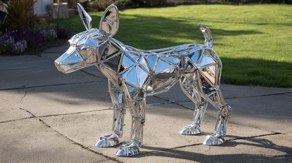 Lifelike stainless steel dog sculpture custom made for memorial or tribute garden