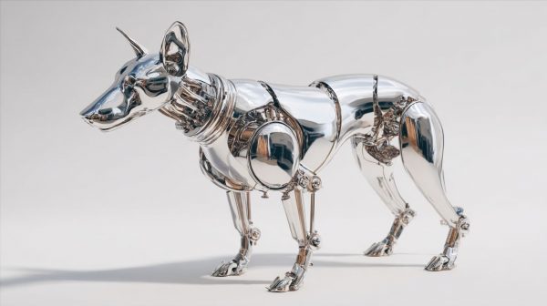 Welded stainless steel dog sculpture custom fabricated for outdoor exhibition