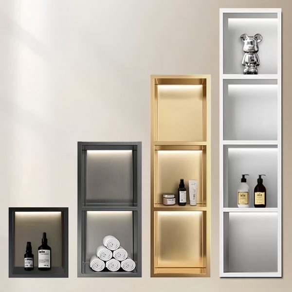 Custom high-end stainless steel bathroom niche by XinYe Metal, elegant recessed wall storage.