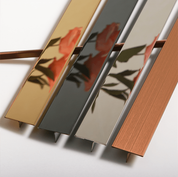 Brushed silver tile edge trim for matching floor levels