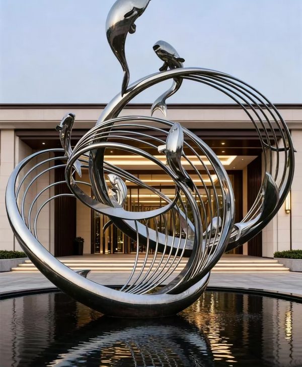 Modern architectural water element made of high-grade stainless steel with tranquil water flow