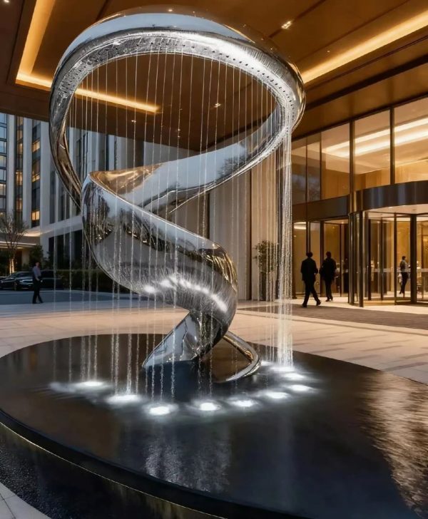 Large-scale polished metal fountain sculpture serving as a central landmark