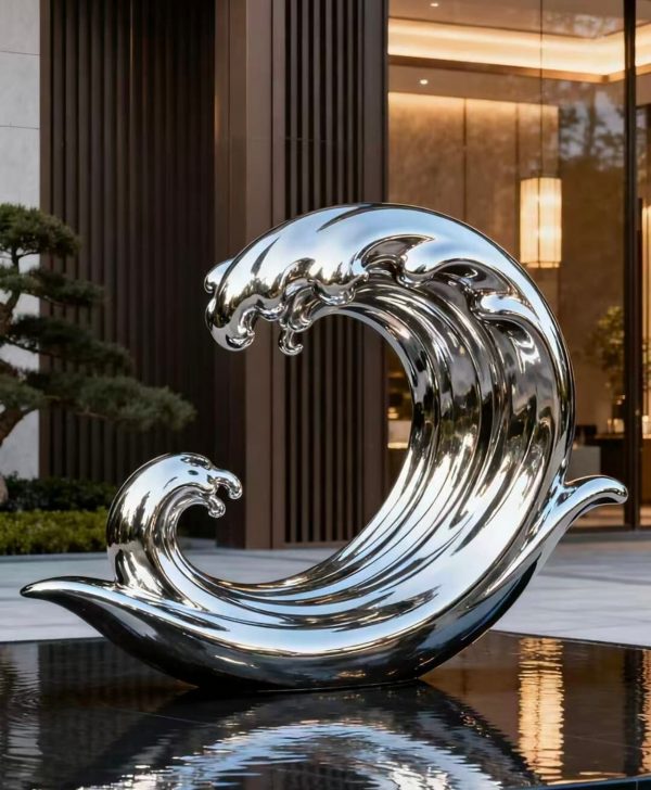 Contemporary fountain sculpture in mirror-finish stainless steel for garden or plaza