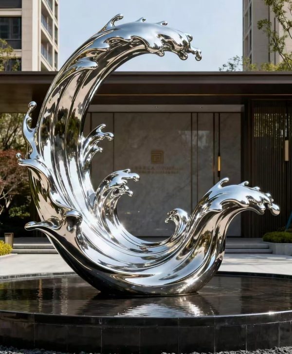 Polished stainless steel fountain sculpture with cascading water, modern outdoor art by XinYe Metal